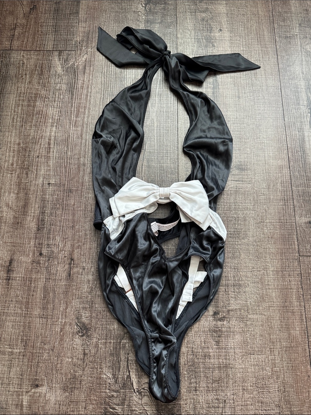 Victoria's Secret Black and White Satin Bow Halter Teddy